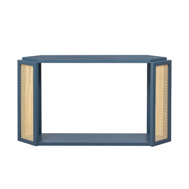 Rattan Console Table, Behind Couch Sofa Table with Unique Irregular Top & Open Storage Shelf Entryway Table Hallway Tables