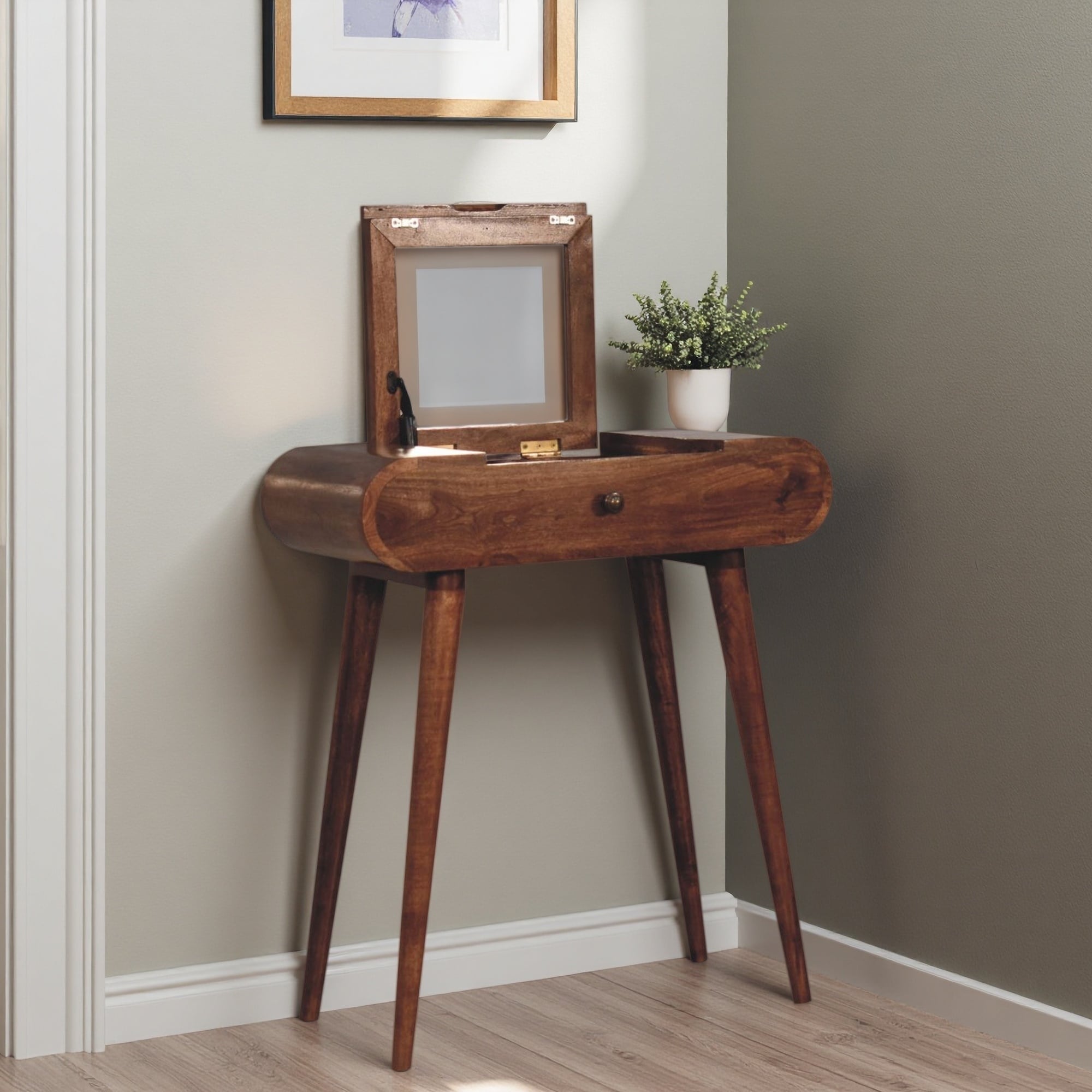27.6" Solid Mango Wood Mini Dressing Table with Foldable Mirror, Drawer Storage, Nordic Legs,
