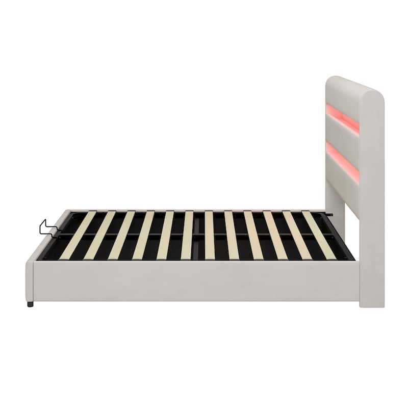 LED Storage Bed with Velvet Upholstery Headboard & Footboard, Beige Full