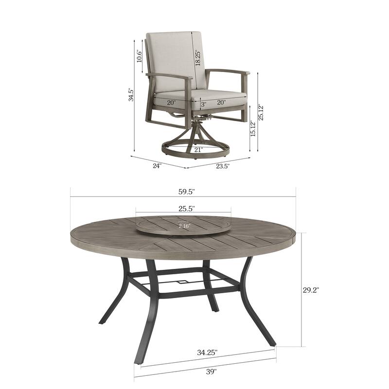 Patio Aluminum Round 59.5" Dining Table With Outdoor Chairs