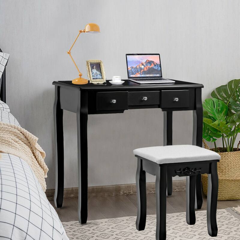 Gymax Vanity Jewelry Wooden Makeup Dressing Table Set W/Stool Mirror &