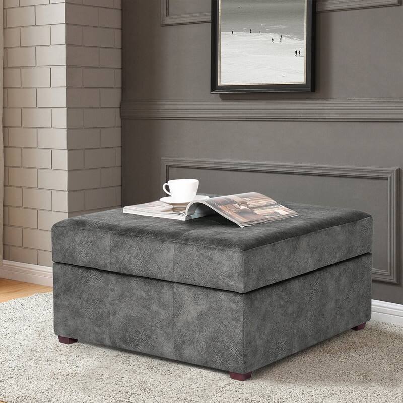 ADECO Storage Ottoman Square Bench Tufted Footrest for Living Room - Velvet Grey