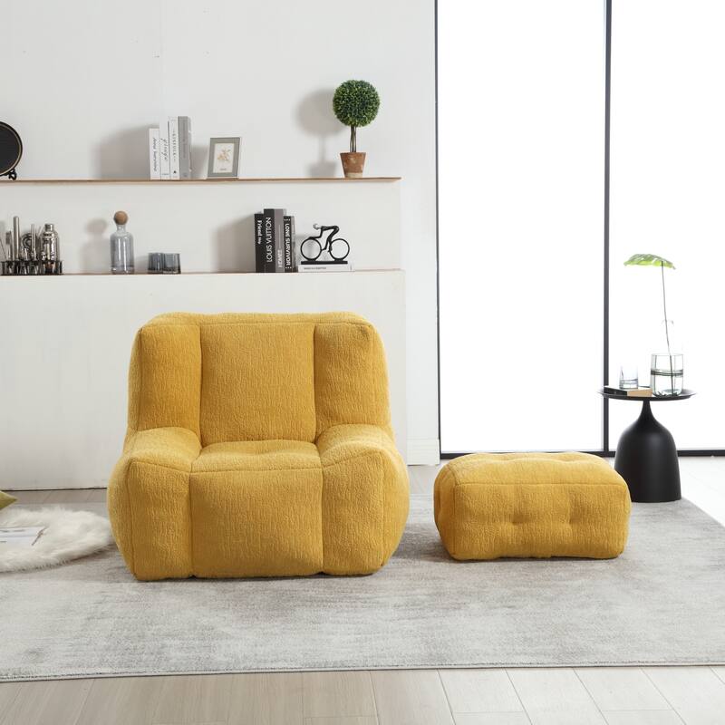 Fluffy Bean Bag Chair with Memory Foam and Ottoman, Super Soft Velvet Bean Bag for Adults & Kids, Comfortable Lazy Sofa