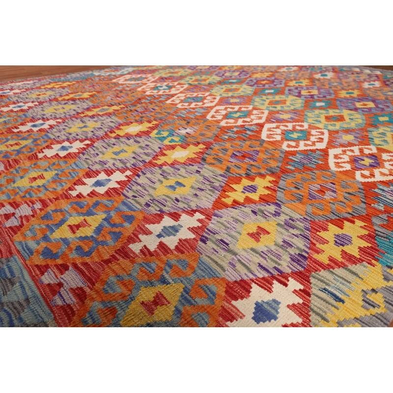 Reversible Orange Kilim Area Rug Flatweave Oriental Wool Carpet - 7'11" x 9'7"