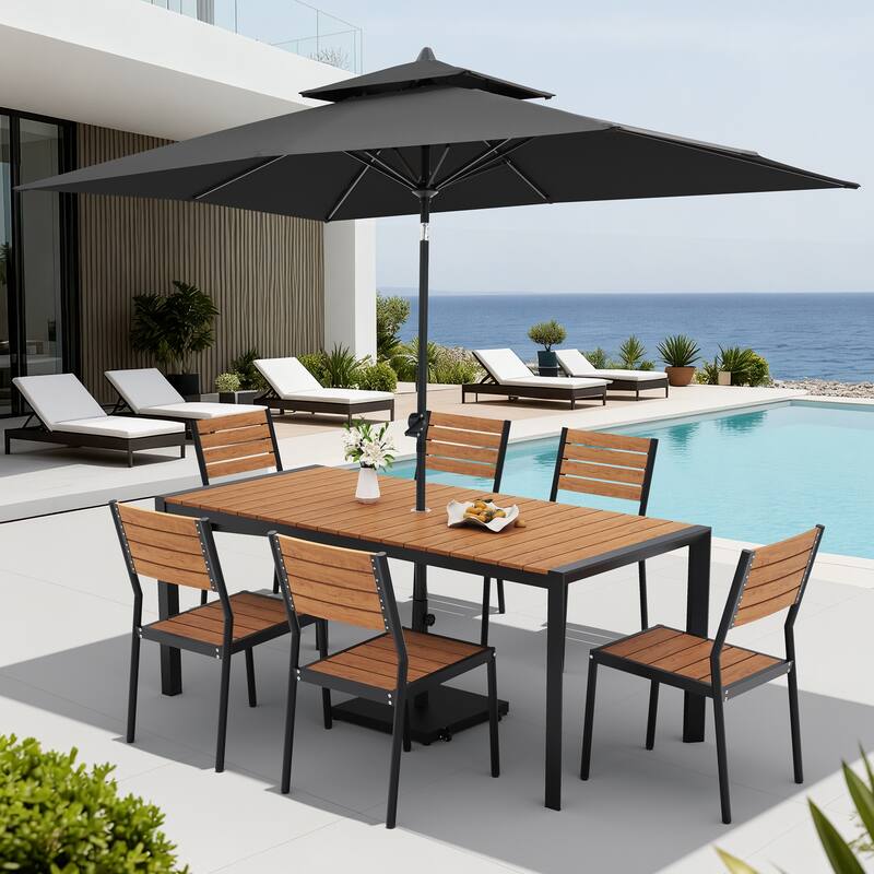 Set of 9 Outdoor Patio Dining Set WoodLike Aluminum Umbrella Hole Table with Stackable Chairs, Double Top Market Umbrella Set - BrownTable&BrownChairs&BlackUmbrella