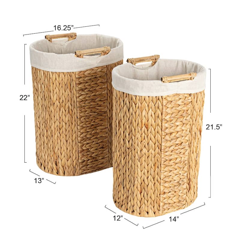 Household Essentials Handwoven Water Hyacinth Hamper Set with Cotton Lining, Set of 2 - 16.3"L x 12.9"W x 22.0"H