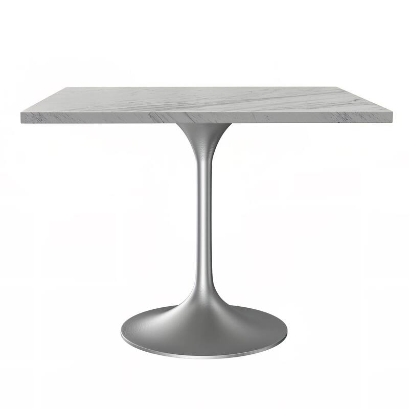 LeisureMod Verve Square Dining Table with White Marbleized Resin Top and Modern Brushed Steel Base for Kitchen - 36 Inch