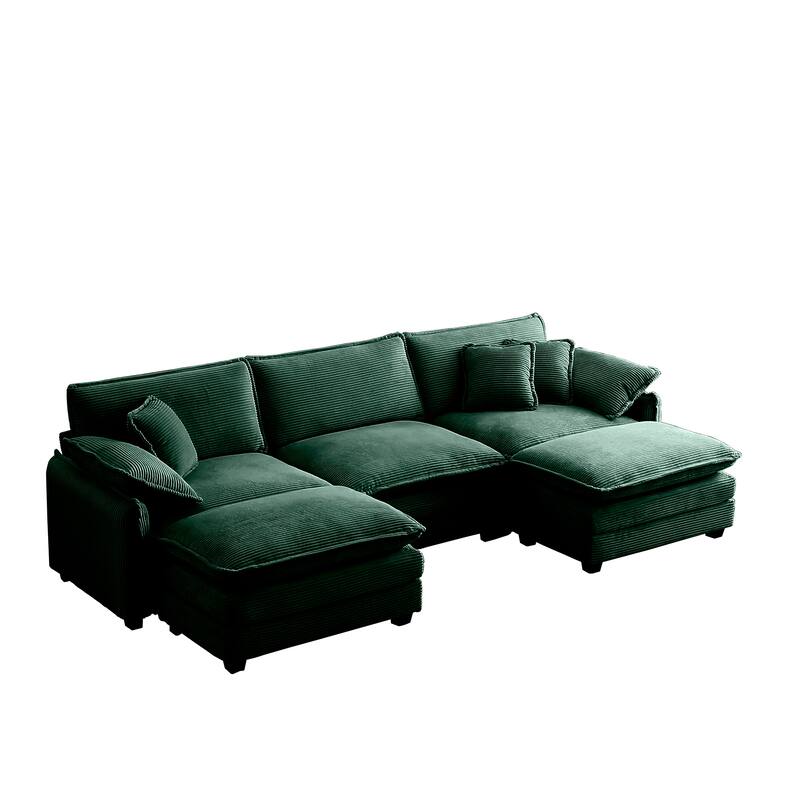 Green 5-piece Corduroy U-Shaped Modular Sectional Sofa with 2 Ottomans & 5 Pillows