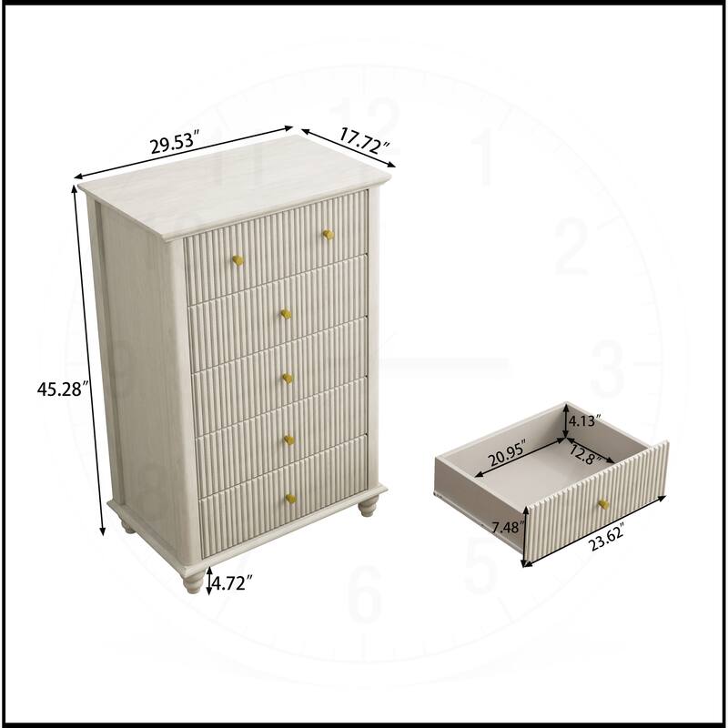 45 Inch Tall Fluted 5 Drawer Dresser