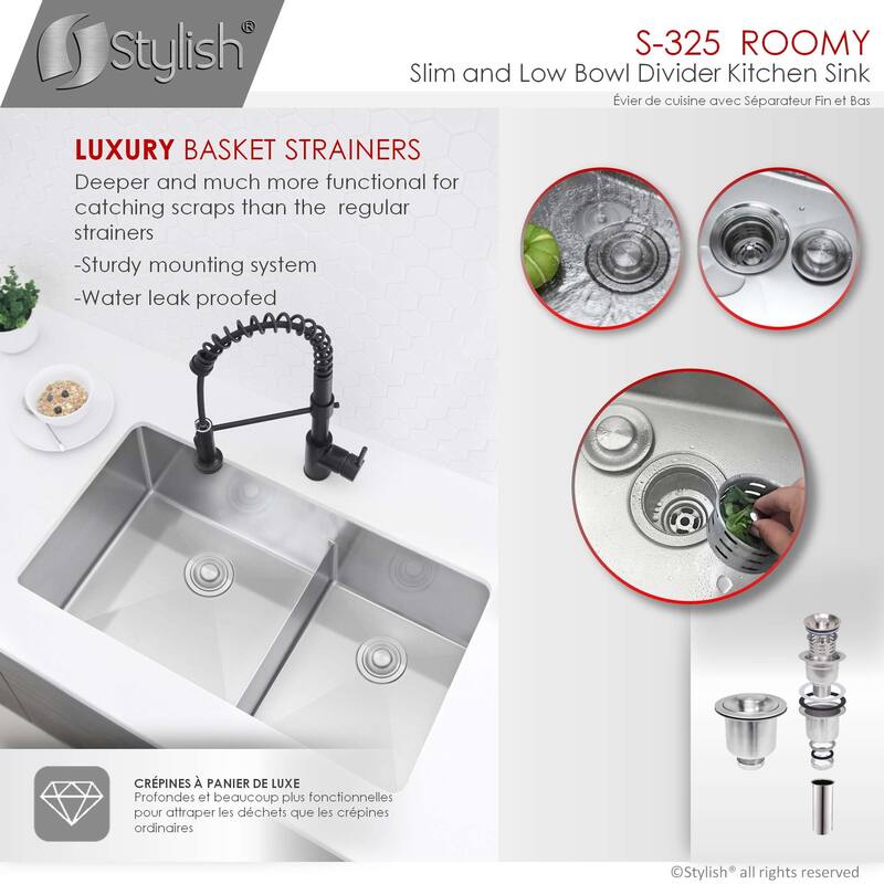 STYLISH 32 L inches x 18 W inches Stainless Steel Double Basin Low Divider Undermount Kitchen Sink with Grids and Strainers
