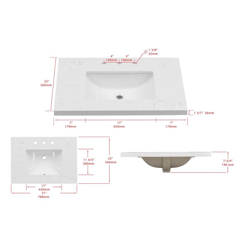 31" Cane Paneled Bathroom Vanity with Engineered Stone Top - 31 L x 22 D x 34 H