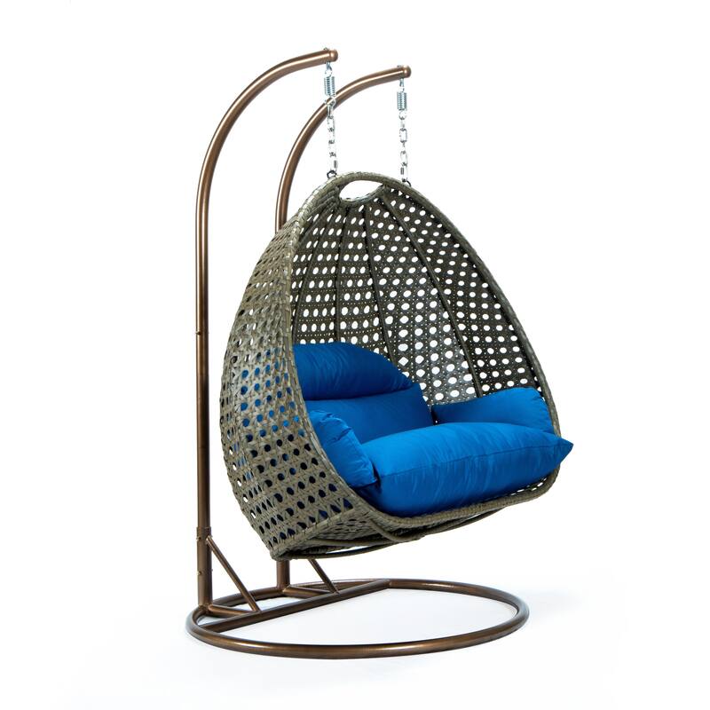 LeisureMod Modern 2-Person Egg Hanging Swing Chair with Beige Wicker, Oxford Fabric Cover, Patio Hammock Lounger and Cushions