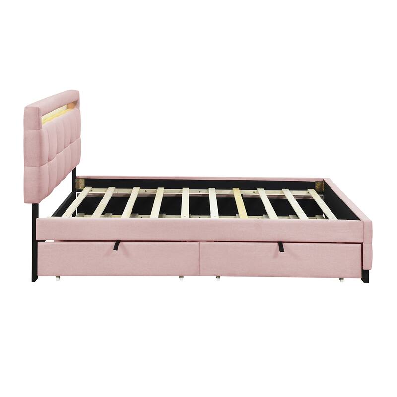 Queen Size Upholstered Platform Bed w/ LED Frame, Twin XL Size Trundle