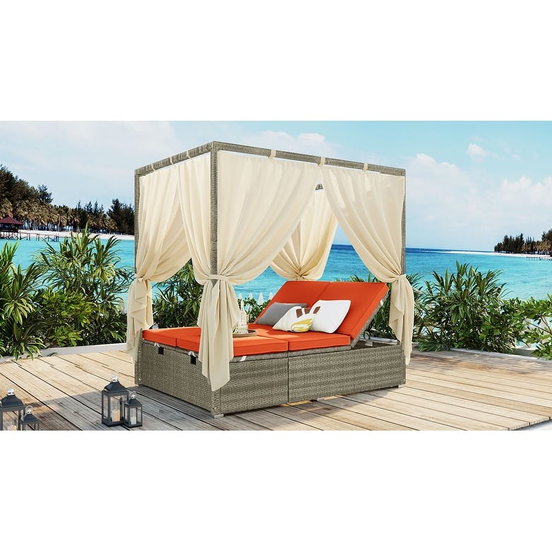Roomfitters Outdoor Canopy Daybed with Cushions, Hidden Storage, Adjustable Lounge Chair, Retractable Canopy, for Patios