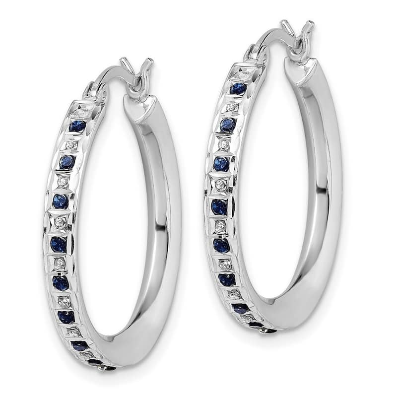 Curata Sterling Silver Diamond and Sapphire Round Hinged Hoop Earrings - 3x25mm