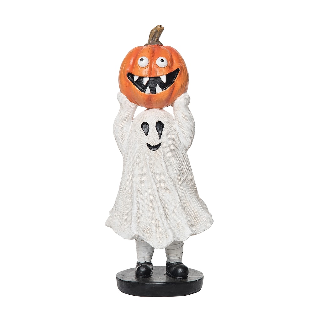 3.35" Kid Ghost Costume Holding Jack-O-Lantern Cute Halloween Figurine