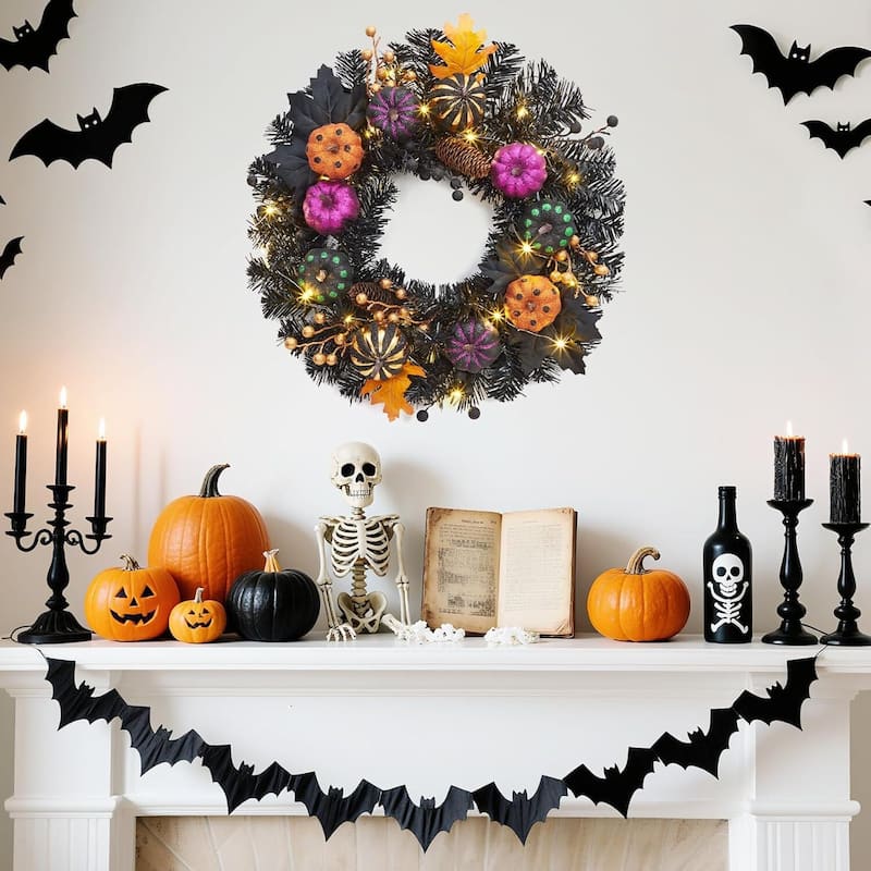 20 Inch Lighted Pumpkin Black Branch Wreath for Window Porch Party Decor - N/A