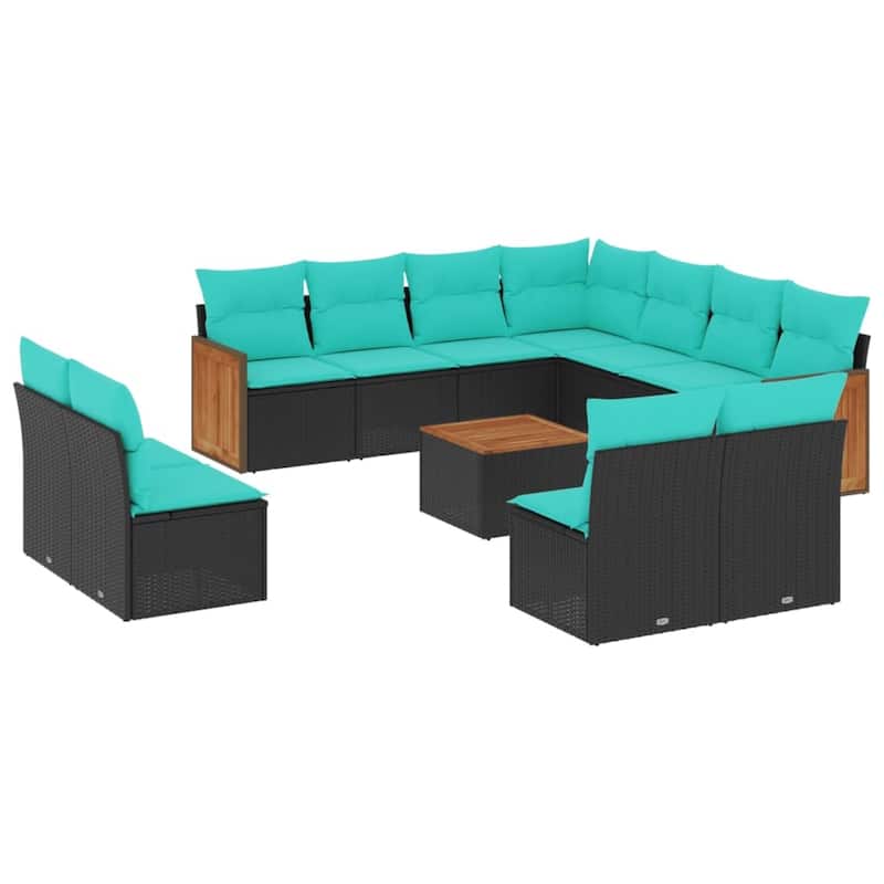 vidaXL 12 Piece Patio Sofa Set with Cushions Black Poly Rattan - 21.7x27.2x24.4-With table