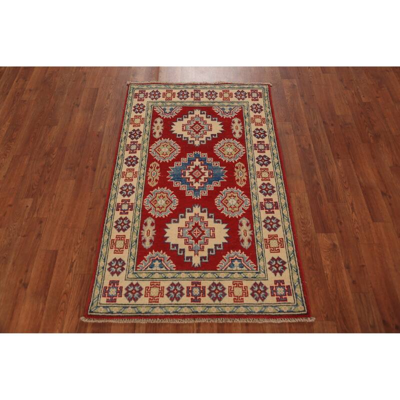Red Geometric Kazak Foyer Rug Handmade Wool Carpet - 2'8" x 4'3"