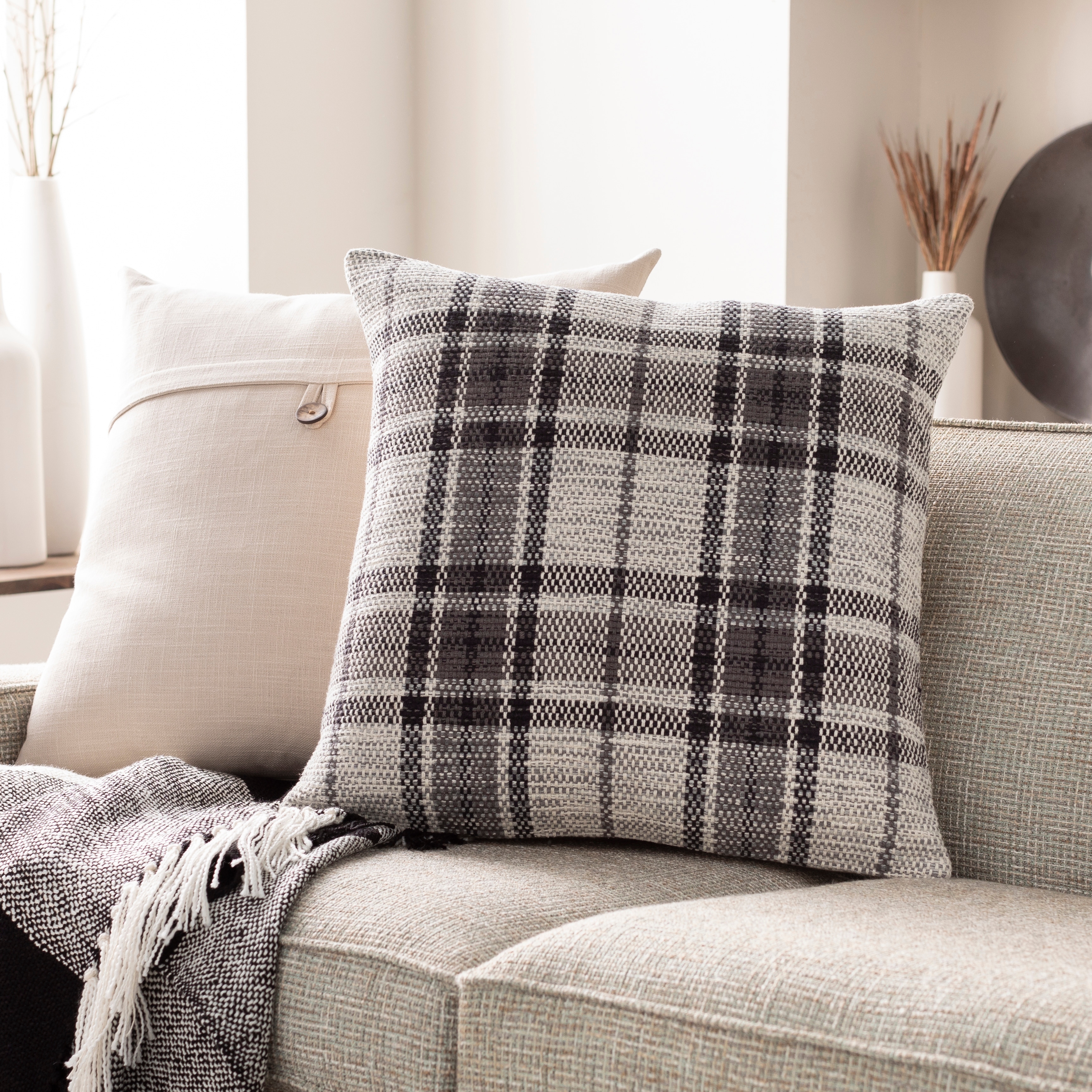 Grey and outlet white plaid pillows