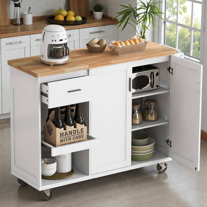 Kitchen Island Cart with Foldable Countertop, Rolling Kitchen Cart with Drawer, Slide-Out Shelf