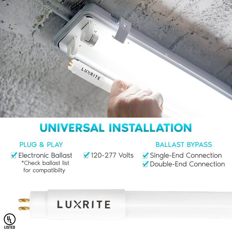 Luxrite 4FT T5 LED Tube Lights, 24W=54W, 45.78", Ballast and Ballast Bypass Compatible, Damp Rated 12 Pack