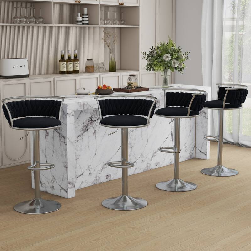 4 Set Velvet Adjustable Swivel Bar Stools With Backs - Set of 4 - Black Silver 4Set