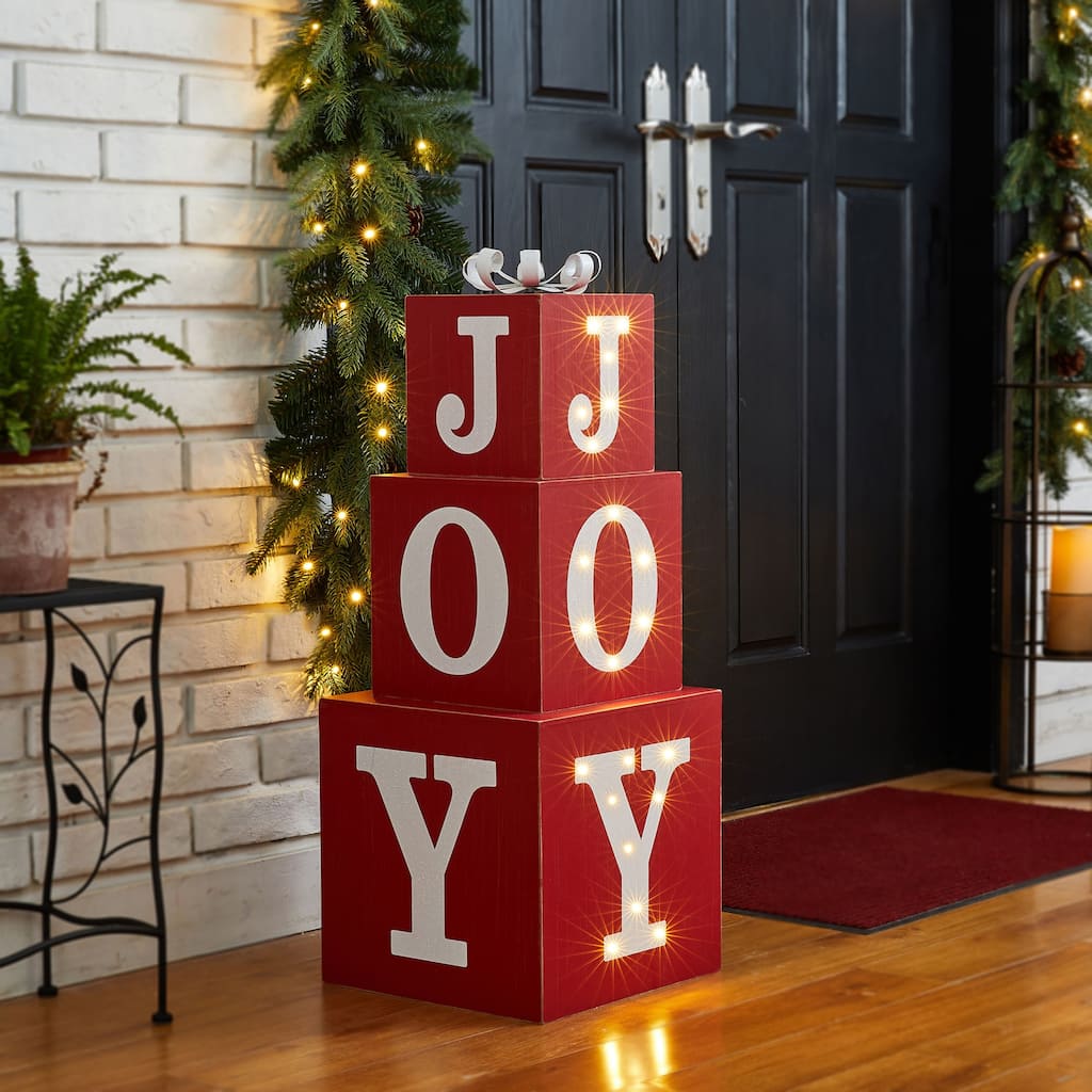 Glitzhome 32"H LED Lighted Wooden Nesting Block JOY Porch Sign