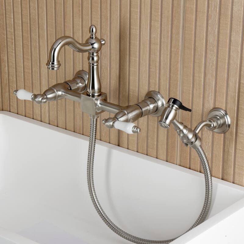 Kingston Brass Essex Double-Handle Wall-Mount Pre-Rinse Bridge Kitchen Faucet