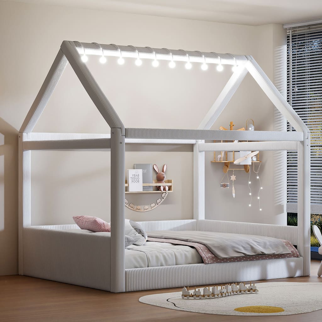 Full Size Upholstered Bed Frame Floor Daybed House Bed with House Roof LED Light Strips and Wood Slat Support for Childrens Room