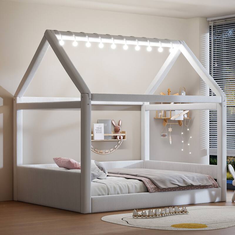Full-Size Upholstered House Daybed with LED Light Strips by Harper&Bright Designs - Beige