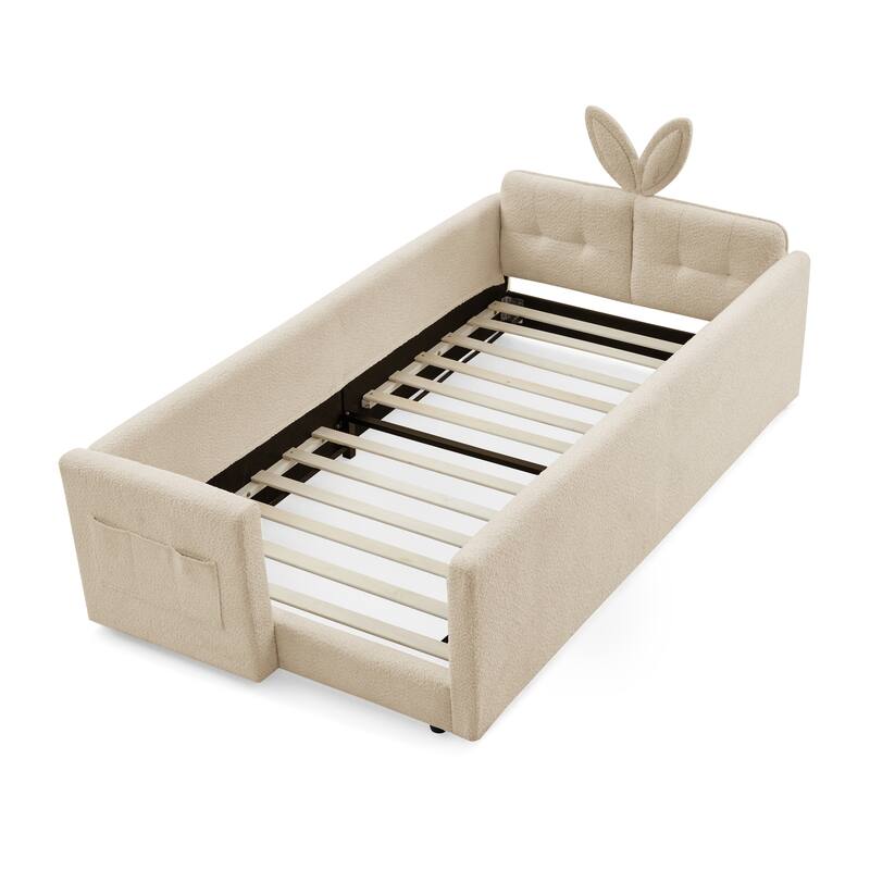 Roomfitters Twin Upholstered Platform Bed with Rabbit Ear Headboard, Safety Rail and Side Pocket, Boucle Fabric