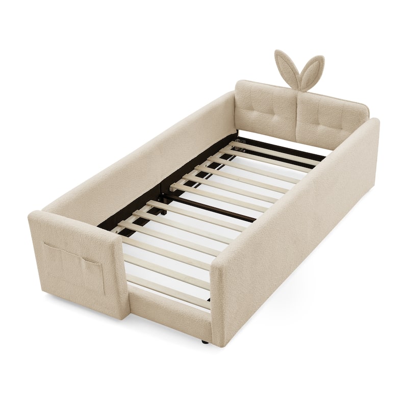 Twin Size Platform Bed Upholstered Bed with Safety Rail and Pocket, Kids Bed with RabbitEar, Skin-friendly Boucle Fabric