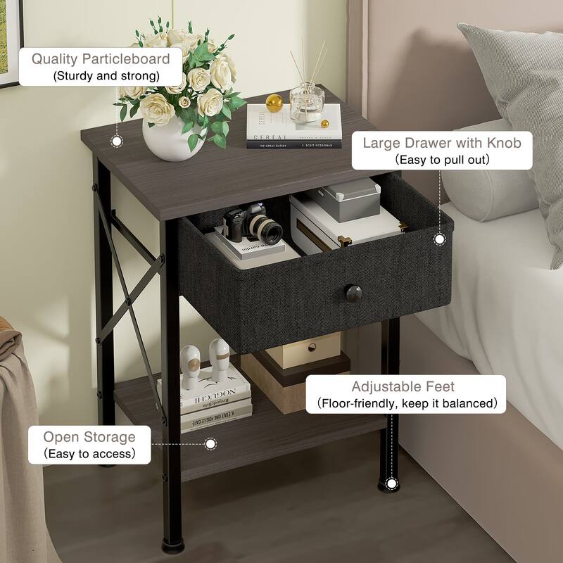 Javlergo 2 Pack X Frame Nightstand with Removable Fabric Drawer Easy to Clean Multifunctional End Table with Open Shelf