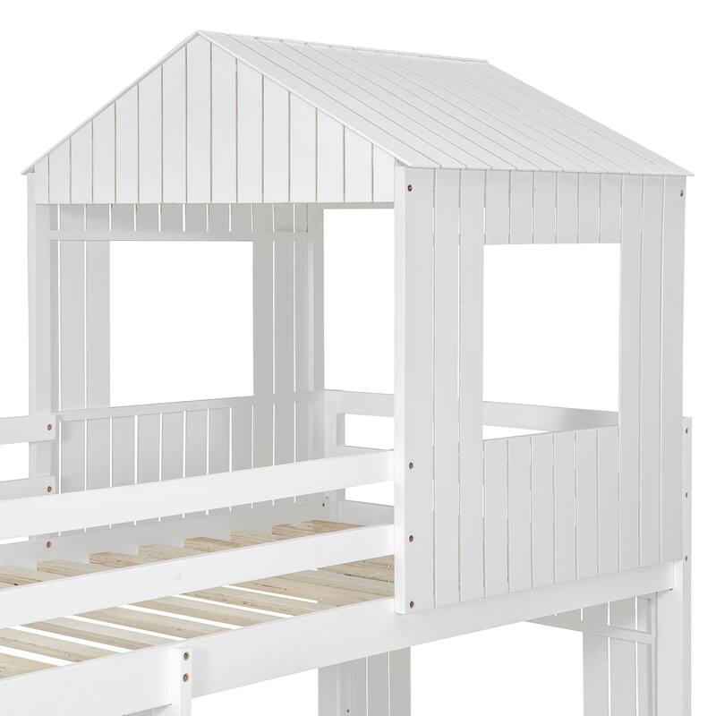 Play House Loft Bed with Floor Bed, Wooden Twin Over Full Bunk Bed with Roof, Windows, Ladder and Safety Guardrails
