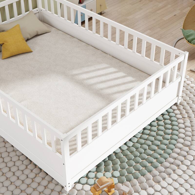 Floor Bed Pine Wood Bed Frame with Fence and Door Easy Assembly