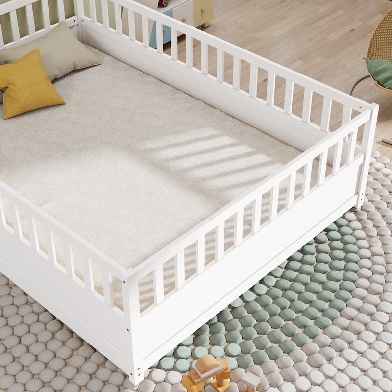 Pine Floor Bed with Guardrail & Door