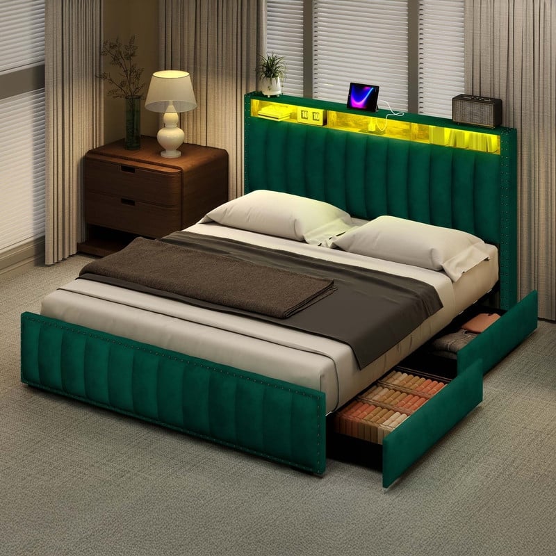Full / Queen / King Size Platform Bed Frame with Upholstered Storage Headboard and 4 Drawers