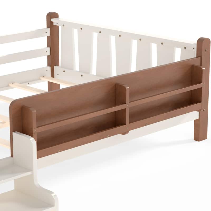 Full/Twin Floor Bed with Storage Bookcases & Cute Stairs - Solid Wood Kids Bed, No Box Spring