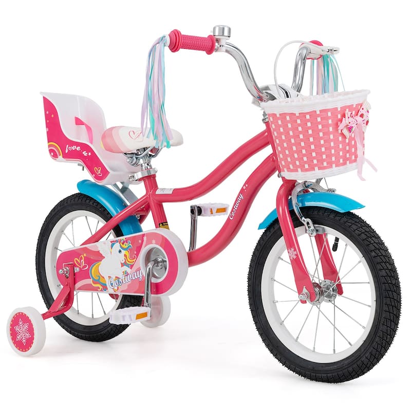 Girls Bike with Basket Doll Seat Training Wheels Ages 3 to 8 - 14-Inches