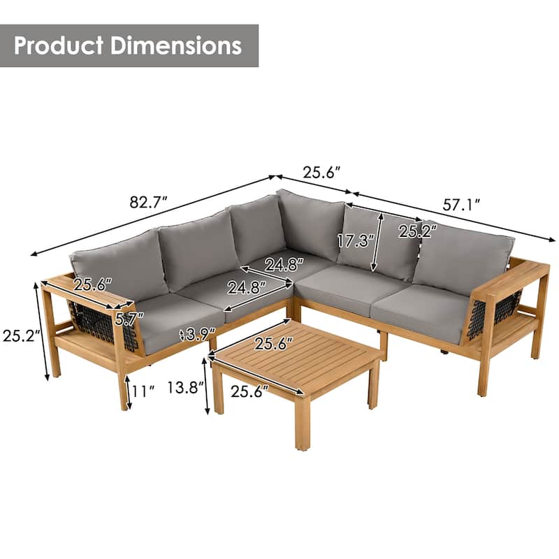 Roomfitters 4-Piece Outdoor Sectional Sofa Set with Coffee Table and Built-in Side Shelves, Wood Frame