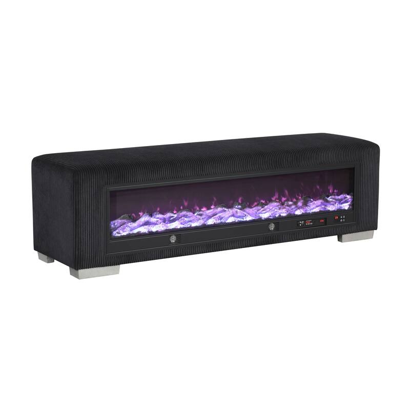 Furniture of America Goffney Chenille Bench with Fireplace Simulator and Bluetooth Audio