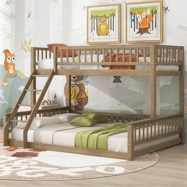 slide 2 of 24, Twin XL over Queen Bunk Bed with Ladder and Guardrails, Convertible Bunk Bed Frame, Floor Bunk Bed with Slats Support Walnut