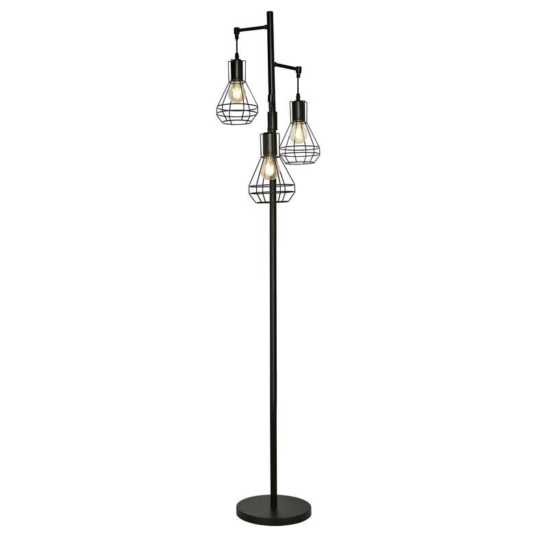 Industrial 3-Light Metal Tree Floor Lamp With Round Shades