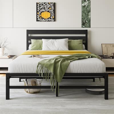 Full Size Platform Bed Frame with Rustic Vintage Wood Headboard