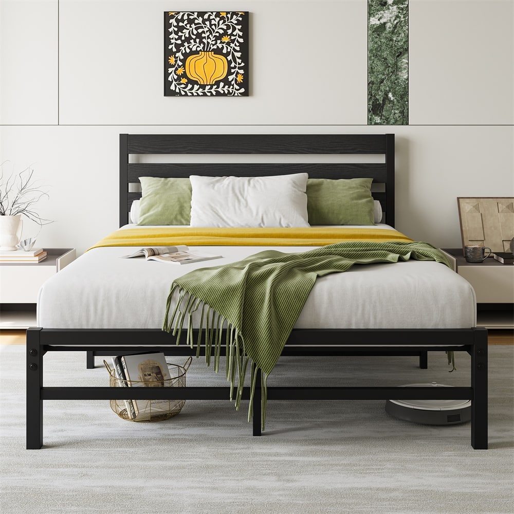 Full Size Platform Bed Frame with Rustic Vintage Wood Headboard