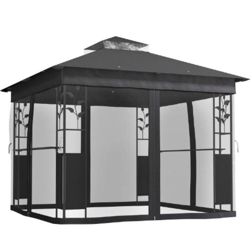 GDFStudio - 9.7'x9.7' Double Roof Patio Gazebo with Bar Shelf & Netting