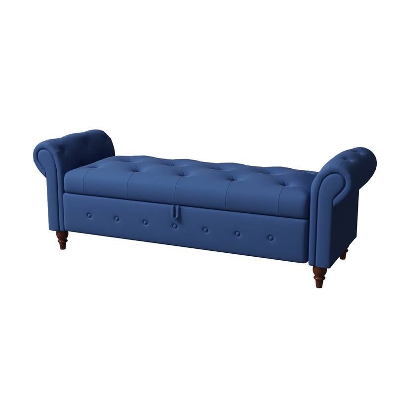 Contemporary Button-Tufted Storage Ottoman Bench with Rolled Arms
