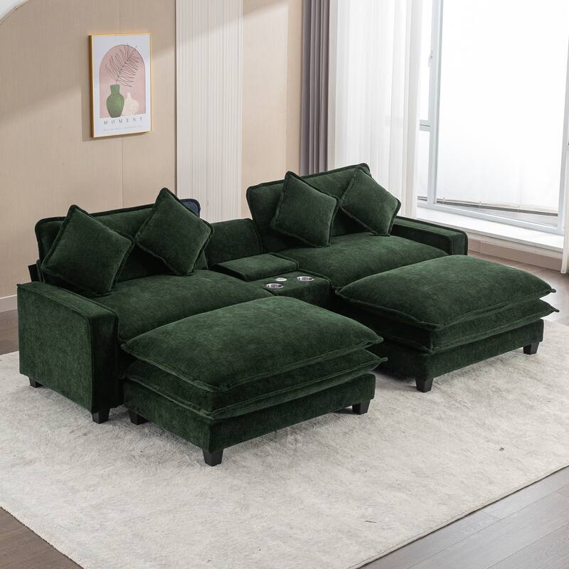111" Chenille Sectional Sofa Set with USB Ports & Cup Holders, Oversized Chaise Lounge Modular Loveseat with 2 Ottomans