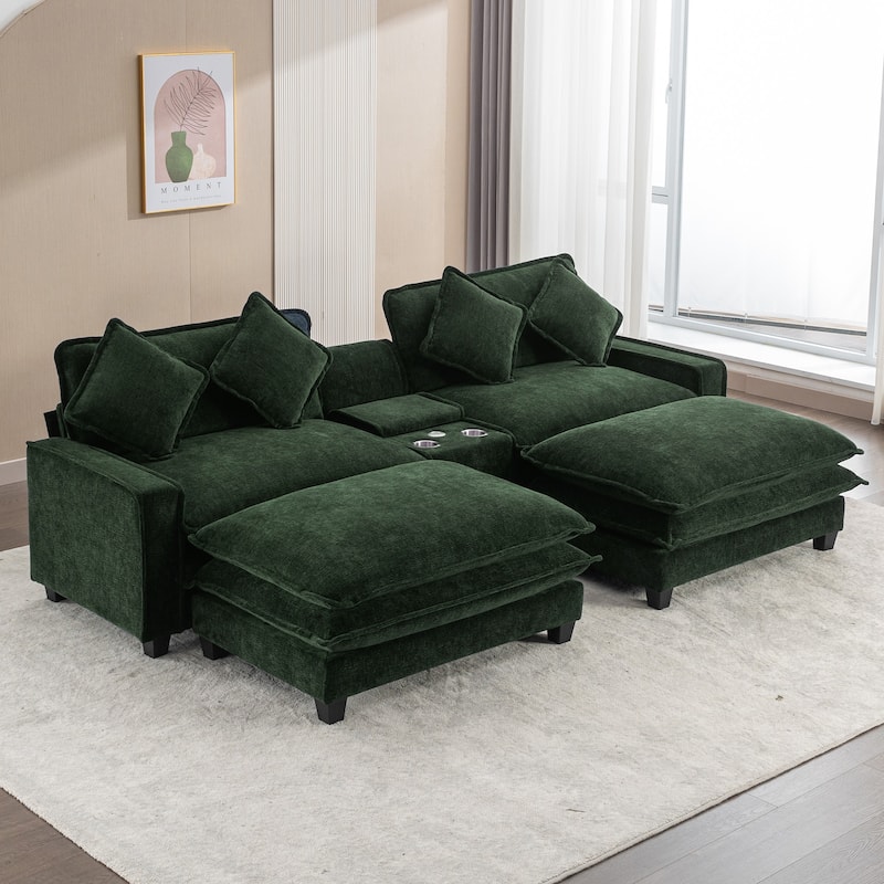 111" Chenille Sectional Sofa with 2 Ottomans, 2 USB Ports, 2 Cup Holders, Storage, Green